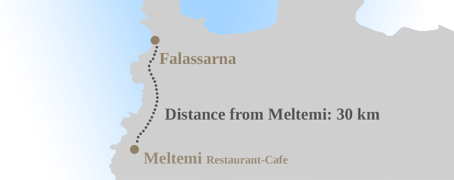 Map that shows distance  between Falassarna beach and Meltemi Restaurant